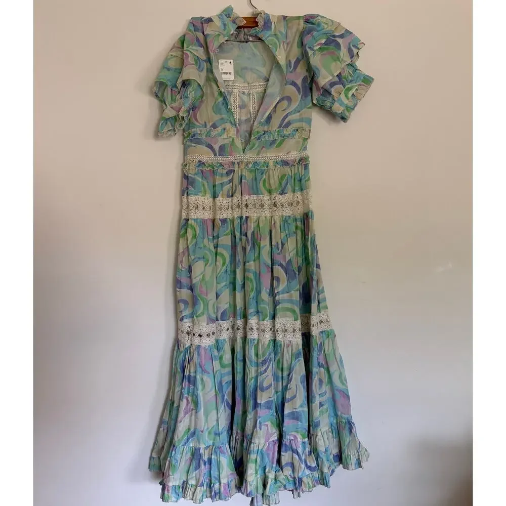 NWT Free People Love And Liberation Tiered Puff-Sleeve Maxi Dress Size M
